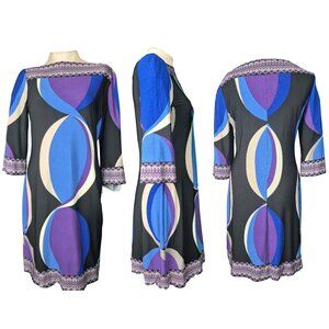 2804 Donna Morgan Geometric Print Sheath Dress Blue Purple Black and White Size